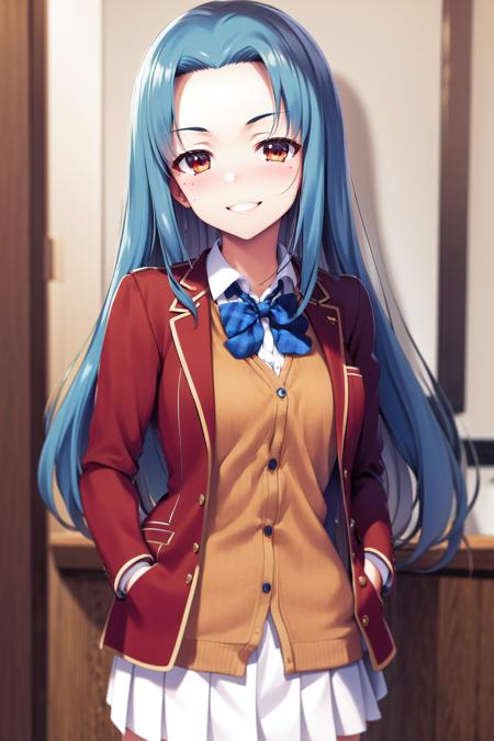 masterpiece, best quality, highres, 1girl haruka hasebe blue hair, school uniform white skirt white skirt red jacket orange vest blue bowtie <lora:haruka_hasebe:1> hands in pockets, smile