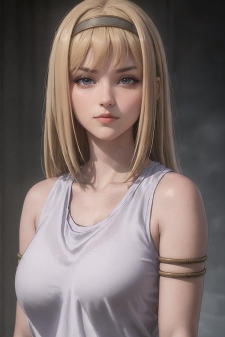 portrait, straight-on, sad_smile, 
masterpiece, best quality, high quality, highres, solo,moody lighting, BREAK,
ANIME_AttackOnTitan_YmirFritz_ownwaifu, www.ownwaifu.com, 
1girl, blonde hair, grey eyes, bangs, breasts, collarbone, hair over eyes, lips, long hair, medium breasts,  shaded face, 
shibari over clothes, hairband,  armlet, bare shoulders, grey dress, hair ornament, sleeveless, tank top, 
<lora:ANIME_AttackOnTitan_YmirFritz_ownwaifu-15:0.7>