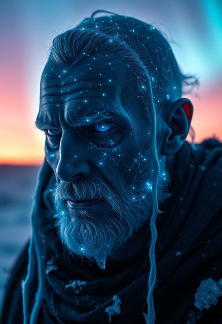 A symmetric portrait of a male, evil frozen necromancer, features dissolving into frozen magic thin, luminescent blue lines. Weighted Voronoi stippling and laser caustics create a network, transitioning from hyperrealistic detail to abstract, quantum-inspired forms. Ethereal hues blend, evoking existential transition and mystery. Close-up on face, evil skull partially visible. Set against a twilight arctic backdrop, icy winds ripple through his tattered robes. Rendered in a fusion of photorealism and digital surrealism, the scene is illuminated by ghostly Northern Lights. Emphasis on cold, menacing atmosphere, invoking Nordic myths