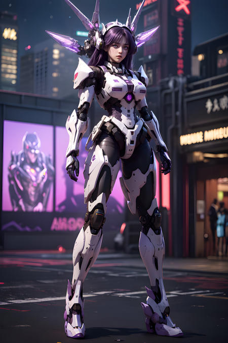 mecha girl (purple eyes:1.5)),masterpiece,(best quality:1.3),ultra high res,raw photo,detailed skin,beautiful lighting,(realistic,photo-realistic:1.4),1girl,Mecha,(Neon Light:1.2),Combat Background,(Night:1.5),Cyberpunk,(Clear background:1.3),(((full body)))