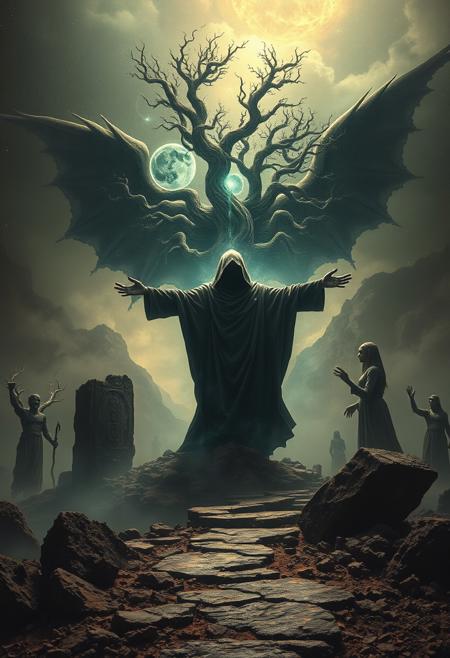 A universe inside a dark cloaked figure within mysterious landscape in an unfathomable realm of fantastic creation inhabited by ancient shadows of a forgotten time beyond the gate of the gateless gate where life is limitless, light is shadow and shadow is light, eerie sense, horror, spark of the beginning, existence and nonexistence at once, ethereal, outstretched arms, behold the end of the beginning, inglorious glory to the dark one, betrayal of the ancient order, beware the 7headed beast, destroyer of the old ways, bearer of the unbearable, nightmarish, archaic runes, tree aging backwards, breath of the gods, ruins of a place unimagined, extreme intricate detail, photorealistic, beyond epic scene, fate discarded, unseeable face of god, the end is the beginning, the beginning is the end, man arises as god dies, as above so below, as below so above, emerald tablet, thoth, guardian and saboteur of existence, hopeless hope, ghosts of the unborn, conception of the inconceivable, cosmic well of imperceptible perception, evil aura