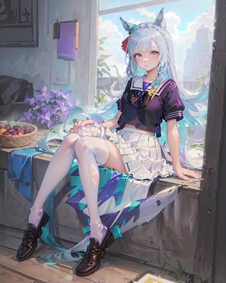 SFW, indoors,school
mejiro_ardan_UN, 1girl, (solo), horse_ear, horse_tail, full body, large breasts, curvy, 
(long hair:1.3),(blue_hair:1.2), purple_eyes, hair_ornament, (purple_serafuku:1.2), (purple_bowtie:1.2), (summer uniform:1.1) ,(puffy_short_sleeves:1.1), (white_plated_skirt:1.3),(white_stockings), brown_shoes