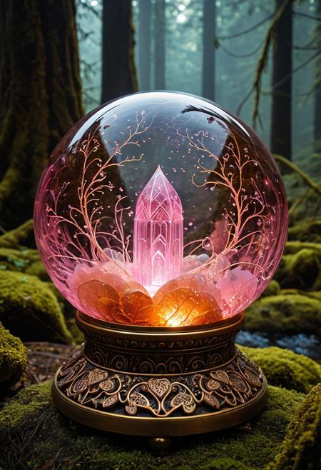 (masterpiece, best quality, highres:1.2), (photorealistic:1.2), (intricate and beautiful:1.2), (detailed light:1.2), (colorful, dynamic angle),
A hyper-realistic close-up of a crystal ball, resting on a weathered colorful pedestal, pedestal made out of batik fabrics, pedestal is carved with intricate runes, runes glowing faintly in amber, detailed,
BREAK inside the crystal ball, a floating pink heart made of carbonfiber, electricity appears to shock the heart from the edges of the crystal ball, with subtle flickers of light illuminating the swirling smoke patterns,
BREAK 1girl, mage, wearing an intricately detailed robe, v-neck robe  made out of batik fabrics, no bra, small breasts, holding hands over crystal ball, 
BREAK Background, Dramatic lighting, rolling fog, intense highlights, deep shadowy contrasts, creating a powerful, moody atmosphere, Hyperdetailed textures, glowing ember effects, intricate reflections, in a spooky forest, depth of field,
organic armor shaped like insect shells and glowing mycelium, helmet visor displaying bio-digital readouts, glowing spores drift around her, tracking luminous footprints across an alien terrain of fungal towers and crystal pools, masterpiece, high score, great score, absurdres, DonMX3n0XL
Style: Whimsical,
Color Palette: Warm, inviting colors; golden browns, 
Lighting: Soft and warm lighting to enhance the coziness
Aesthetic: Fun, charming, and delicious