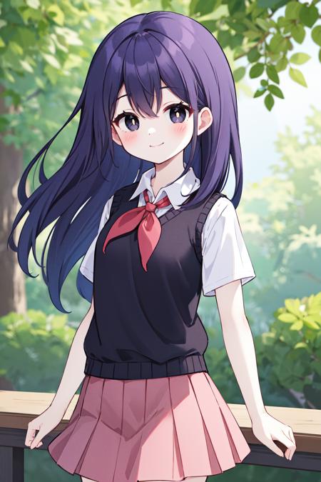 masterpiece, best quality, highres, 1girl, solo, long hair, purple hair, bangs, black eyes, bright pupils, white pupils, white skin, school uniform, red neckerchief, white shirt, sweater vest, black sweater, short sleeves, pleated skirt, pink skirt, <lora:mari_(omori)_v1:0.7>, standing, cowboy shot, smile, closed mouth