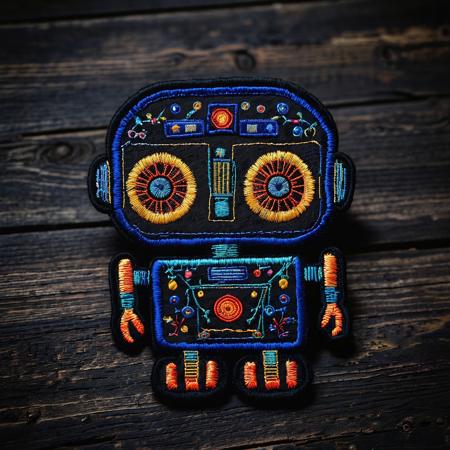 A embroidered patch of a vibrant cute roboter. The patch is sitting on an old rustic black wooden table, cinematic, dynamic, dramatic atmosphere, precise, elegant, highly detailed, extremely scientific, beautiful, intricate, sharp focus, inspired, color deep royal, very artistic, innocent, light glowing