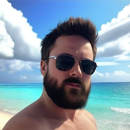 american movie poster of ((forsen_person)) on a miami beach, full beard, summer, sea