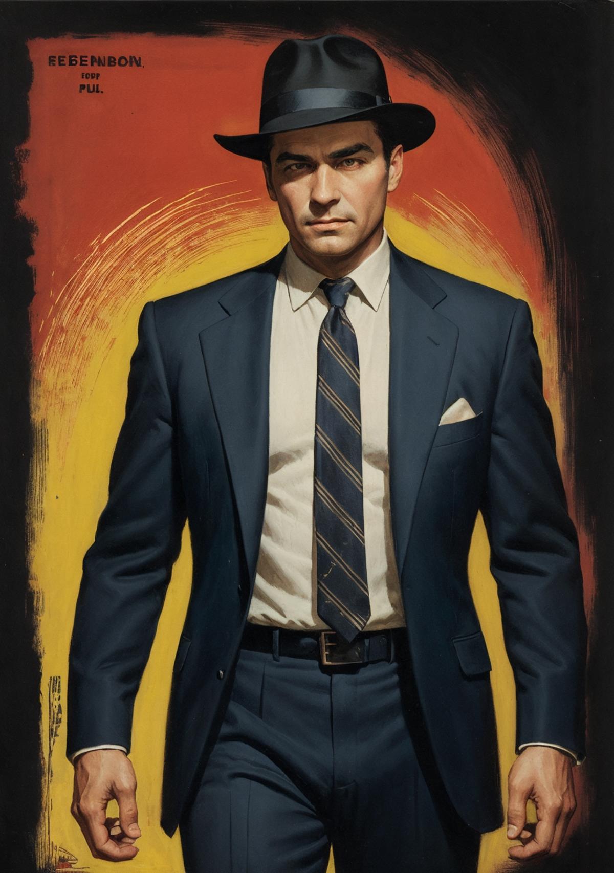 A painting of a man in a suit and tie wearing a fedora.