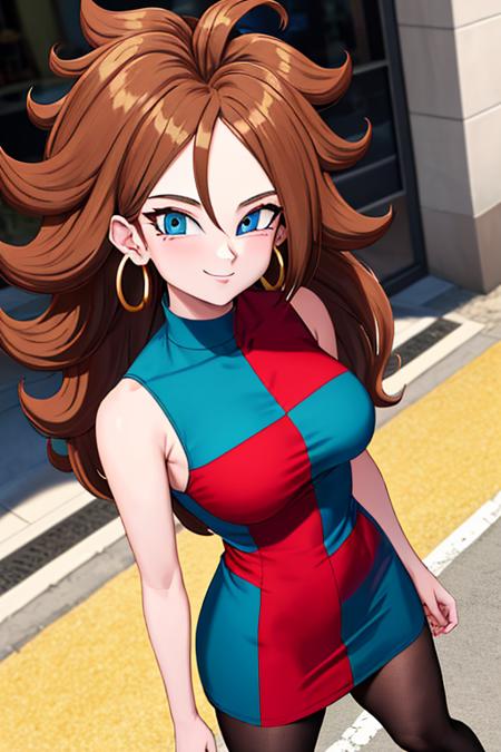 masterpiece, best quality, highres, aaandro, brown hair, long hair, curly hair, blue eyes, hoop earrings, two-tone dress, checkered dress, sleeveless, black pantyhose, dragon ball, <lora:android_21_v1:0.7>, street, cowboy shot, standing, smile