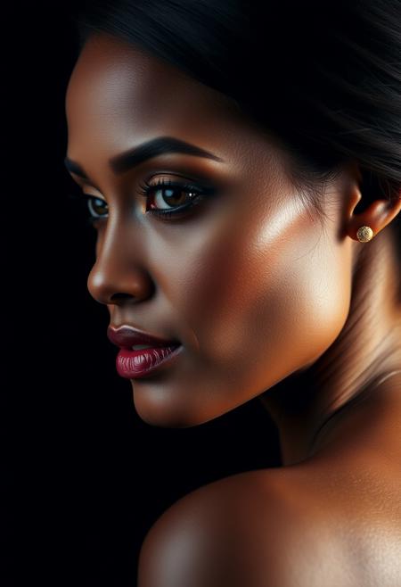 Ebony African Women, symmetrical  african female portrait, beautiful makeup, black background, side soft light, highly detailed, melancholic, masterpiece Photography in the style of Oleg Dou, soft light hyper clean photography, (((Oleg Dou photography style)))