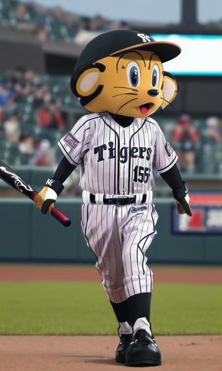 masterpiece, best quality, ultra-detailed, illustration,
tolucky, mascot, sportswear, baseball uniform, baseball bat, gloves, helmet, baseball cap, baseball, open mouth, blurry background, full body, clothes writing, stadium, striped, belt,
 <lora:tolucky_V2_1.0_MID2_ResizeDIM8:1>