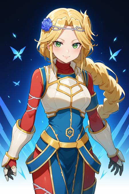 1girl, lakyus alvein dale aindra, overlord \(maruyama\), blonde hair, green eyes, lakyusout1, braid, blue flower, hair flower, hair ornament, armor, gloves,  gauntlets, white footwear, boots, (lakyusout2:1.7), blue dress, long sleeves, necklace,  anime coloring, anime screencap,