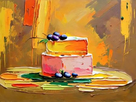 cake <lora:impasto:1>, oil painting art style, rich colors, lush textures, expressive brushwork, blendable layers, dynamic compositions, professional-grade finish, versatile medium, timeless elegance, immersive depth, vibrant hues, intricate detailing, adds depth and dimension