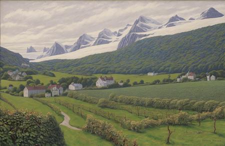 style of Henry Moret, boscage ,hedgerow,parcel ,estate ,vineyard , Glacier/Icefield ,
