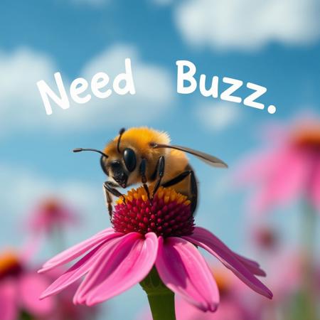 Sad bee sat on a flower, text on in the sky reads "Need Buzz"