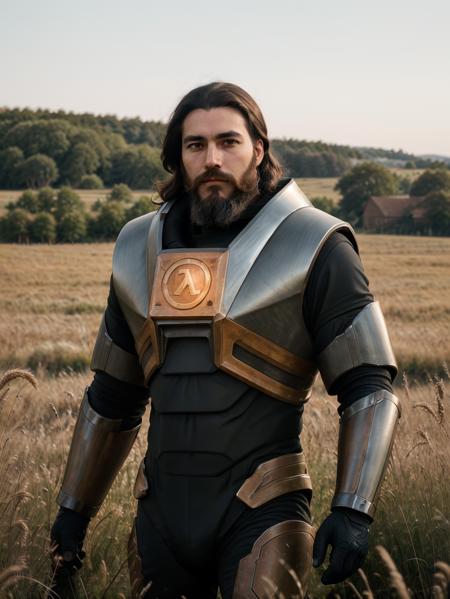 a man with a long beard wearing hevsuit mk5 standing in a field of grass, realistic skin, afternoon, realistic armor, shiny materials, dramatic lighting, ultra realistic, carbon fiber armor, armor shine, wallpaper, intricate, sharp focus, ray tracing, rtx, professionally color graded, professional photography, masterpiece, ultra detailed, high quality, best quality, 4k, 8k, raw <lora:hevsuit:0.6>