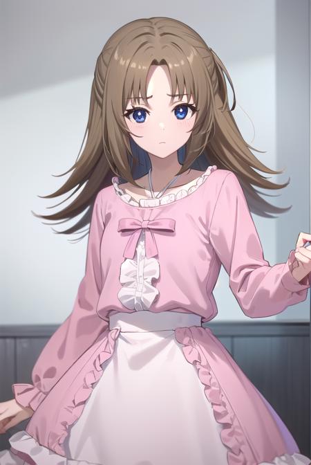 ringosugisaki, <lora:ringo sugisaki s2-lora-nochekaiser:1>,
ringo sugisaki, long hair, blue eyes, brown hair, half updo, (parted bangs:1.5),
BREAK long sleeves, dress, bow, bowtie, frills, skirt, (pink dress:1.3), white skirt, collarbone,
BREAK indoors, classroom,
BREAK looking at viewer, (cowboy shot:1.5),
BREAK <lyco:GoodHands-beta2:1>, (masterpiece:1.2), best quality, high resolution, unity 8k wallpaper, (illustration:0.8), (beautiful detailed eyes:1.6), extremely detailed face, perfect lighting, extremely detailed CG, (perfect hands, perfect anatomy),