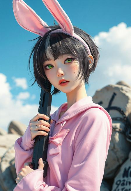 DSLR-style, slender, elegant 26-year-old Korean model, translucent pale skin with natural texture, soft shadow on cheek, diffused daylight from side, parted lips, clean background, solo, masterpiece, ultra high-res  
<lora:NOOB_vp1_detailer_by_volnovik_v1:1>
barely visible pores, subtle skin texture variation, translucent skin tone
score_9, score_8_up, score_7_up, score_6_up, score_5_up, masterpiece, very aesthetic, absurdres, blurry, chromatic aberration, detailed face, highly detailed, detailed background, (sharp lineart:1.4), (anime coloring:1.2), <lora:spo_sdxl_10ep_4k-data_lora_webui:0.6>, <lora:jun:0.58>, <lora:4df:0.44>, <lora:Bongfill-guy90-IllustriousV1:0.55>,<lora:hirune_style:0.66>, 4df, hirune style, lifnob, jun, 1girl, short girl, solo, short hair, spiky hair, white streaked hair, dark hair, emerald green eyes, plump lips, small breast, small waist, large thighs, scar on left eye, sweat, pink bunny suit, pink bunny ears, black bow tie, chain, holding a rifle, ice cream in mouth, looking at viewer, rocks, graffiti, background, sunny day, blue sky, cloud,