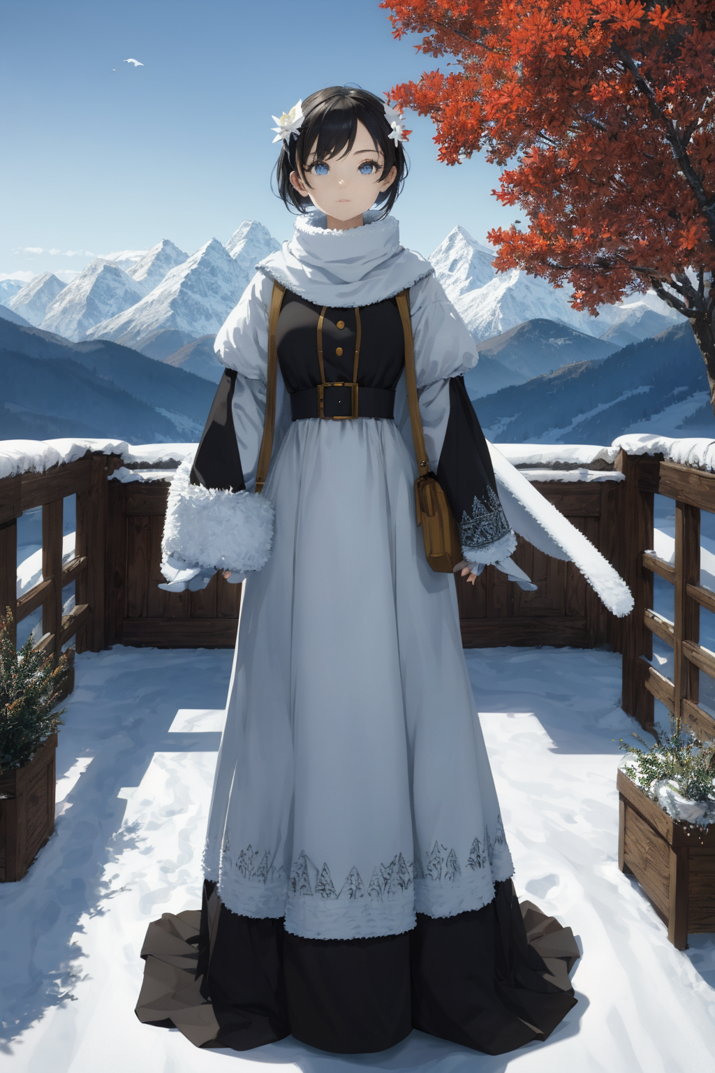 absurdres, highres, ultra detailed, (1girl:1.3),
BREAK
(, Create a breathtaking snowy landscape, with snow-capped mountain...