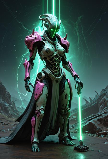 A fully enclosed robed biopunk mechsuit. A merge of a lovecraftian monster, elf princess and spacemarine. The mechsuit is a mix of neon colors and grim moody aesthetic. Dynamic pose, holding a large scifi laser weapon. Full length image. Background is alien landscape on an alien planet. <lora:EpicF4nta5yXL:0.35> . award-winning, professional, highly detailed . extremely high-resolution details, photographic, realism pushed to extreme, fine texture, incredibly lifelike, high contrast, well defined, <lora:Zariman_PONY:1>