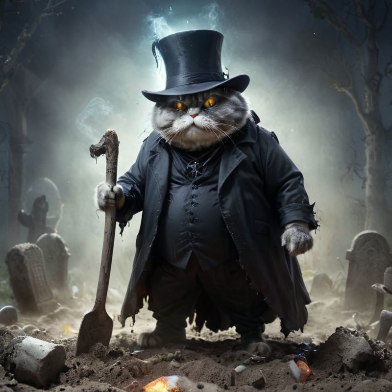 A cat dressed as a vampire in a top hat, holding a shovel and standing in a graveyard.