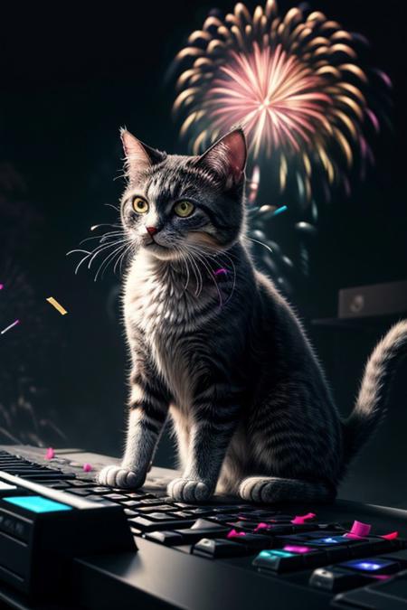 (masterpiece:1.2), (best quality:1.2), highly detailed, realistic texture, sharp details, extremely delicate and beautiful, realistic cg 8k wallpaper
Cat DJ with RGB paws, spinning tunes with keyboards, confetti and fireworks, Dark, Moody, Volumetric light, backlight,  
<lora:add-detail-xl:3> <lora:RGB_Keyboard_themed:1>