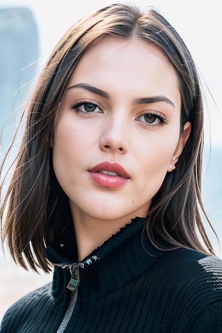 a face picture of EizaG_T_V1-600 (with black sweater:1.2), ((front view)), red lips, and a ((close up:1.3)) long haircut, pale skin, slim body, background is city ruins, (high detailed skin:1.2), 8k uhd, dslr, soft lighting, high quality, film grain, Fujifilm XT3