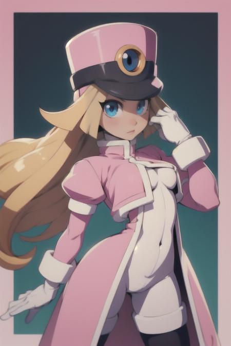 Prairie_MM,  shako cap,  blonde hair,  low-tied_long_hair,  sidelocks,  blue eyes,  long_coat,  puffy sleeves,  pink cropped jacket,  framed_breasts,  white gloves,  bodystocking,  Body suit,  skin_tight,  cowboy_shot,  black_legwear,  pink footwear,  stuffed cat, <lora:EMS-55621-EMS:0.700000>