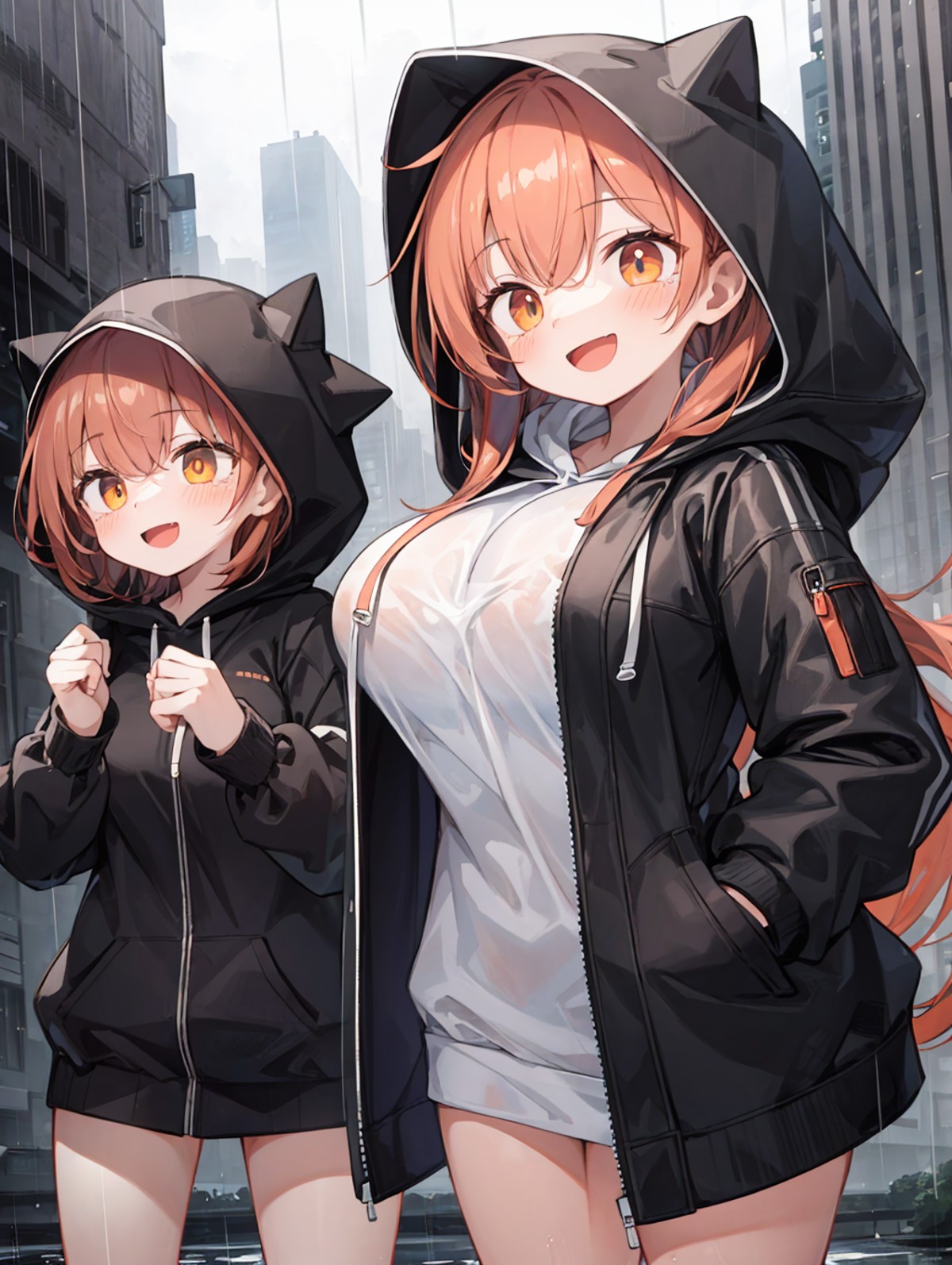 (masterpiece, best quality, highres:1.2), 2girls, large breasts, slim, overcast, rain, city, super detailed, (natural wavy...