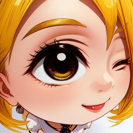 parody close up,chibi girl,from above,solo, brown eyes,blue hair,,smile,yellow hair,arms,  tongue, (one eye closed), <lora:parody close up:0.8>