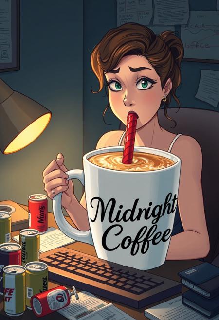 "Illustrate a woman sitting at a cluttered desk, surrounded by empty energy drink cans and scattered papers. In front of her, a gargantuan cup of coffee towers over the table, the phrase 'Midnight Coffee' emblazoned on the side in bold, cursive script. She's drinking from the cup via a gigantic red straw. As she sips, her gaze meets the viewer's, a hint of defiance in her eyes, as if to say 'don't judge me' for her unorthodox coffee-drinking method. The straw's suction creates a whirlpool effect in the coffee, with creamy foam swirling around the straw's entrance. Her eyes gleam with determination, and her fingers hover over the keyboard, ready to tackle the night's work. The surroundings are dimly lit, with a single desk lamp casting a warm glow on the scene." highest-Quality, intricate details, visually stunning, Masterpiece