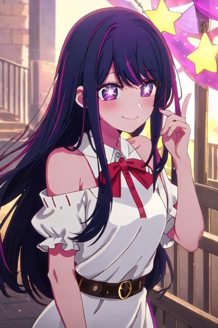 best quality, masterpiece, highres, solo, {hoshino_ai_oshinoko:1.15}, long_hair, purple_eyes, purple_hair, bangs, smile, symbol-shaped_pupils, multicolored_hair, star-shaped_pupils, 1girl, blush, looking_at_viewer, outdoors, looking_back, +_+, closed_mouth, pink_eyes, bare_shoulders, blue_hair, night, sky