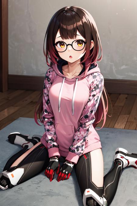 masterpiece, best quality, highres, aaroboco, android, long hair, gradient hair, glasses, mechanical arms, mechanical legs, hood, hood down, pink hoodie, long sleeves, gloves, <lora:roboco-san_v1:0.8>, sitting, wariza, indoors, :o