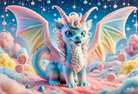 A majestic confectionery dragon, its body sculpted from layers of pastel taffy and sugar glass, stretches in profile across a starlit sky. Its mane flows in soft curls of spun cotton candy, pinks, blues, and lemon yellow, while its translucent wings shimmer like rainbow lollipops edged with candied lace. The belly glistens with pearlescent sugar scales in sherbet hues, and its gem-like eyes glimmer in crystalline blue. Twisted candy-cane horns spiral back over its head, while claws resemble clear rock candy, sharp and glossy. Its open mouth reveals teeth like slivers of hard caramel, and its long tail coils like a ribbon of licorice. The coppery sheen of its scales flickers in the glow of twinkling stars, casting candy-colored reflections. A fanciful border frames the image—ornate swirls and sugar motifs evoking a storybook of edible magic