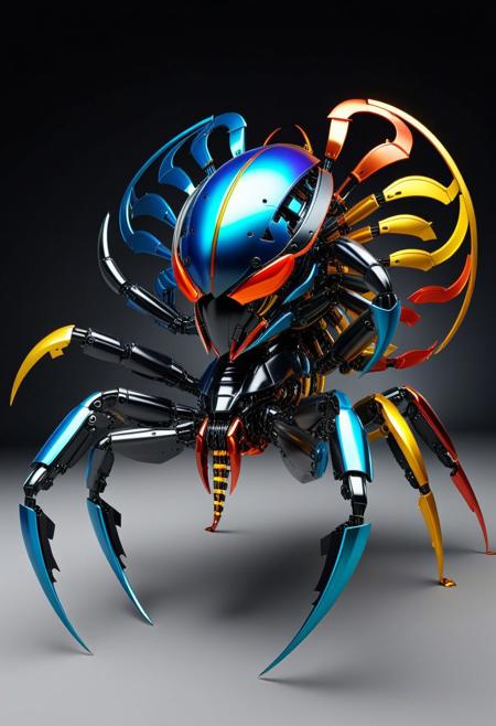 generate an full spheric scorpion robot shape multi colored and hickeither style,ais-rbts