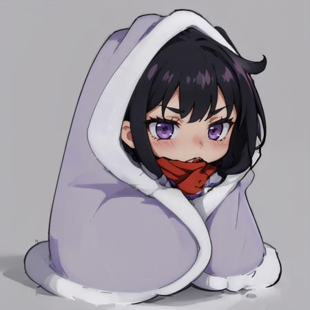 masterpiece, best quality, Bloodsplash, red scarf, black hair, purple eyes, blushing, cozyblanket, chibi, simple background <lora:cozyblanket-nvwls-v1-000006:1>  <lora:BloodsplashOCv1-000050:0.9>