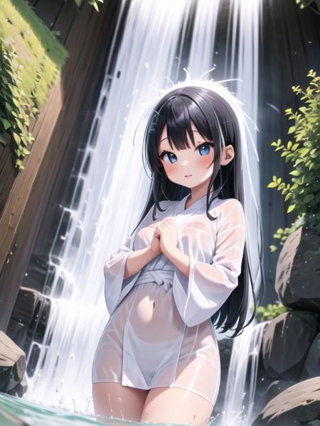 girl in waterfall, take shower, white kimono, pray, close eyes