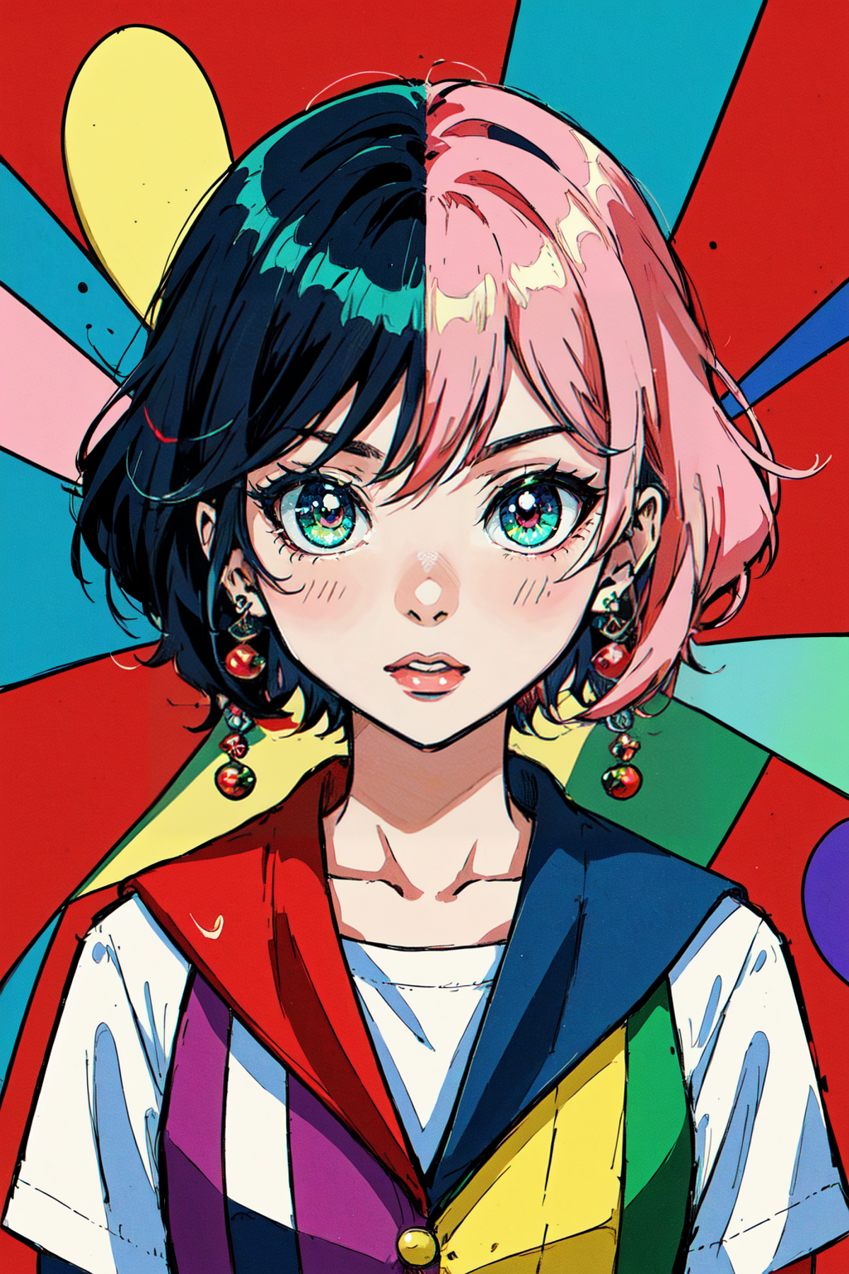 drawing by thewow aa010, in the style of kawaii pop art, light crimson and emerald, mashup of styles, shiny eyes, romantic...