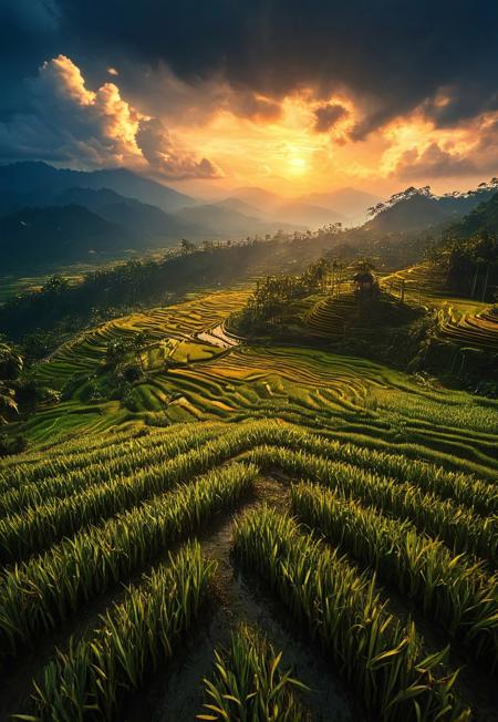 Landscape, 64k, UHD, ((masterpiece, ultimate quality)), sharp focus, beautiful scenery, highres, highly detailed, photo, realistic, photorealistic, Asian rice plantation, double exposure, realistic, whimsical, fantastic, intricate detailed, hyperdetailed, maximalist style, sharp focus, harmony, serenity, tranquility, surrounding clouds, mysterious glow, ambient occlusion, halation, cozy ambient lighting, dynamic lighting,masterpiece, masterpiece, award winning, midjourneyv6.1,double exposure , flux-style