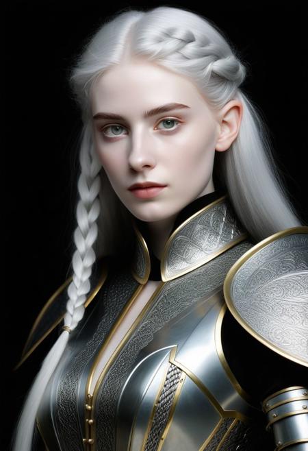 1girl 18 yeas, elf, slender, pale skin, goosebumps, very long gold and silver hair, triple braids,  light grey eyes, (small pointed ears:1.3),
Milanese plate armor, black gauntlets, dnd character portrait, intricate, analog photograph, masterpiece, expertly crafted, incredibly detailed, 8k resolution, 
 (By Alice Pasquini, by Aliza Razell:0.8), low angle shot, Cinematic Hollywood Film style a young woman, 18, sensually dynamic pose ,