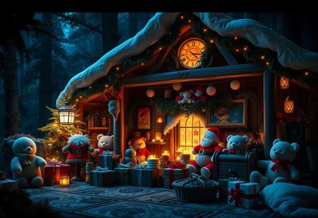 hyperdetailed ultra-detailed realistic,  
extremely detailed Santa klauss house, full of gifts,  with piles of gifts and a lot of cute plushies, with glowing vibrant calm light, detailed cozy house environment, dark shot, rtx, at exotic dark florest background , High Definition HD, High Detail, Perfect Composition, dark fantasy movie, cowboy shot,