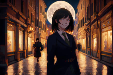 (((masterpiece, high quality, masterpiece,))), black hair, medium length, smirking, dynamic lighting, rome, moonlit streets, medium shot, 