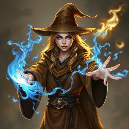 Female mage, casting spells, blue spells, golden aura, wearing brown robe with blue trim, wearing brown pointed wizard hat