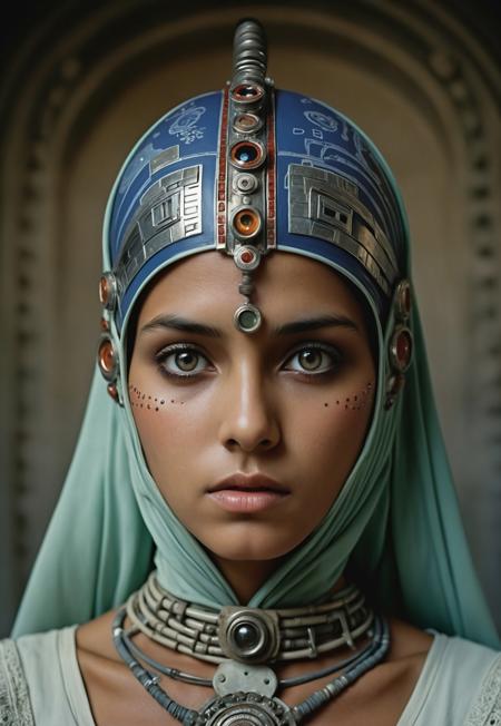 35mm photo by Steve McCurry, futuristic future setting, stunning mexican woman, ultra-detailed skin, detailed eyes with intricate pupils, advanced futuristic clothing, intense and captivating expression, top-quality resolution