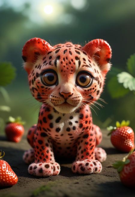8k, photorealistic, dof, colourful, soft light, high-resolution picture,
A cute red leopard made of strawberry, 
big eyes, detailed eyes, 
savanna background,