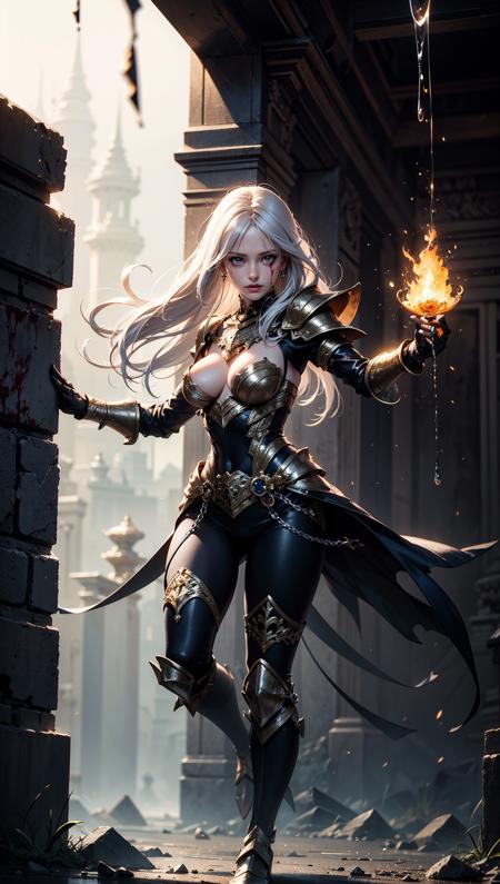 Full body shot,(photorealistic, realistic),masterpiece,absurdres,highres,high quality,ultra detailed,beautiful and aesthetic,horror (theme),1girl,dynamic pose,shiny skin,(holding weapon),enchanted armor,ancient,intricate details,expressive drips,(energetic movement),(sense of depth),glowing aura,in the depths of a gloomy dungeon,illuminated by divine light,(perfect lighting),(mysterious scenery),magical lighting,skull,blood,blood splatter,