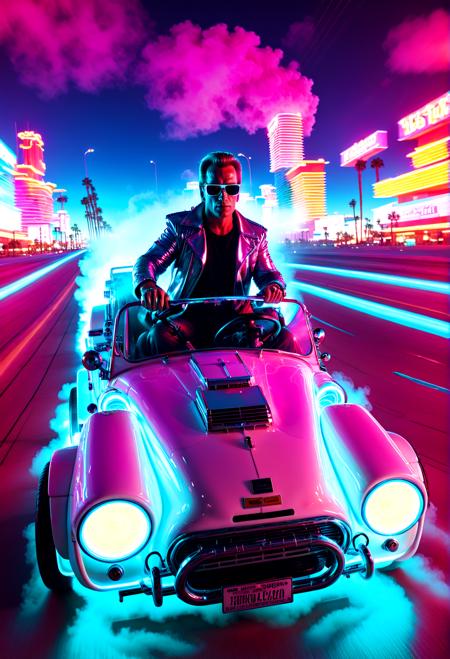 Vaporgram style terminator t800 arnold driving a mini sh3lby car, speed, fast, psychedelic smoke,las vegas, sunglass,, white, cinematic light,,. Retro internet aesthetic, web 1.0 nostalgia, cyberpunk tones, neon lighting