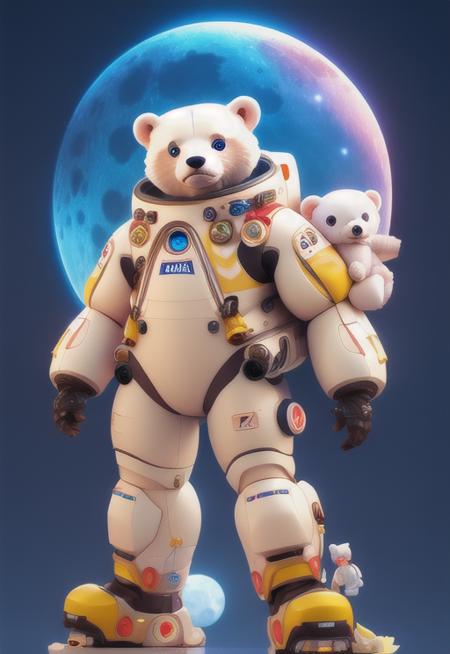 <niji-se-3d>, (masterpiece),(best quality),(ultra-detailed), (full body:1.2), Polar bear, Aerospace suit , cute, mascot, masterpiece, realistic,Moon Background , detailed