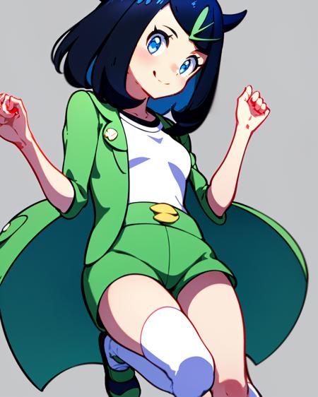 liko_\(pokemon\), hair_ornament, black_shorts, green_coat, white_footwear, white_legwear, white__shirt, white_socks, 1girl, blush, smile, dynamic angle, small breasts, looking_at_viewer, <lora:liko_pokemon-v2:0.8>