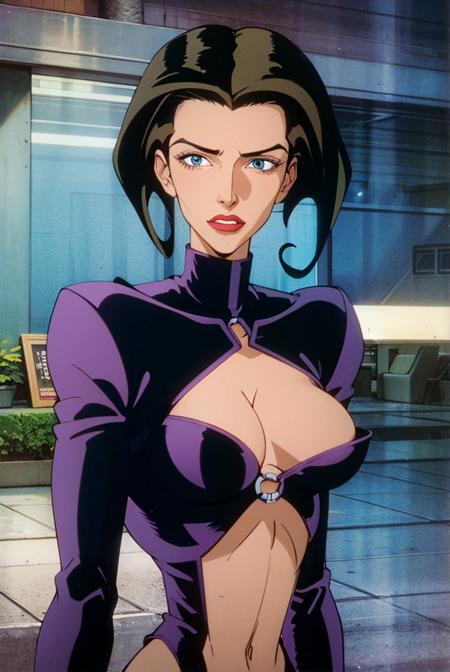 aeon flux, black hair, blue eyes, half body, interior, futuristic city, animation <lora:Aeon_Flux_Style-09:.7>