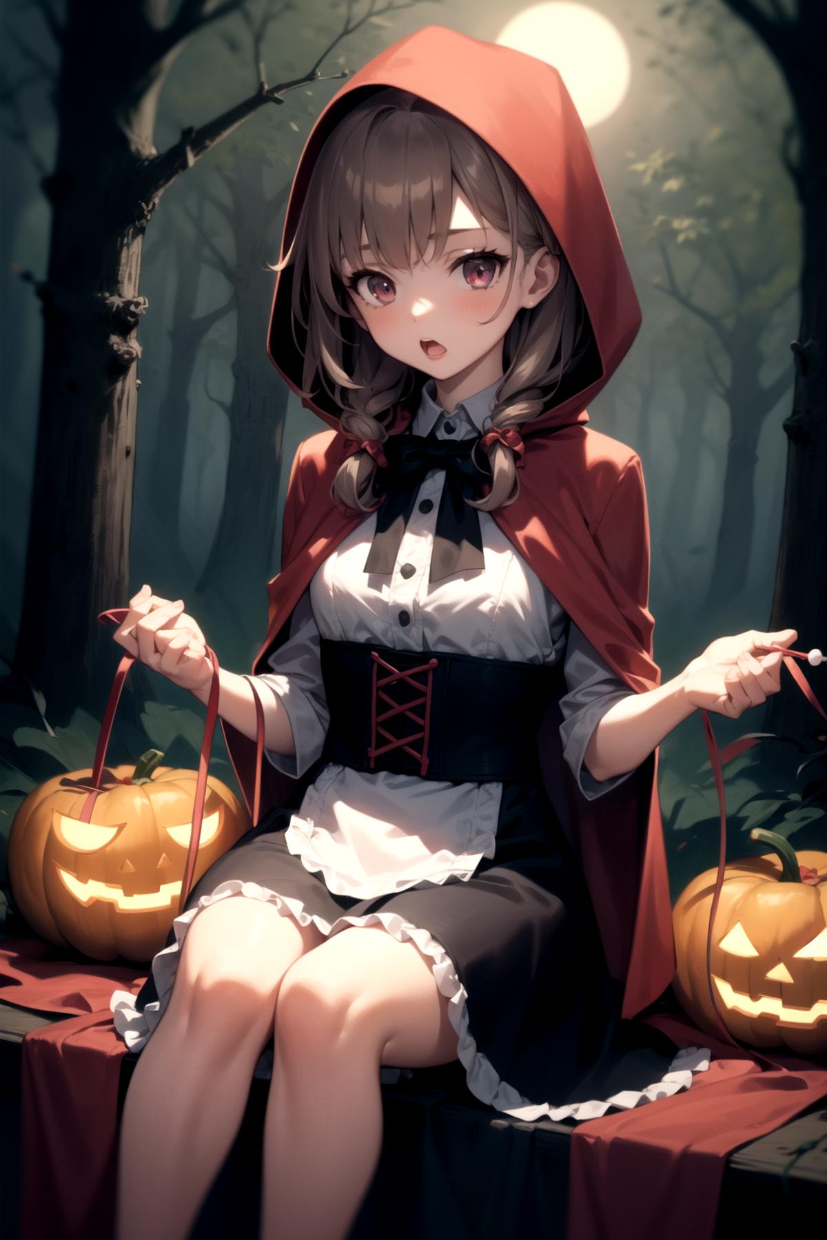 A young girl in a witch costume holding a bag filled with pumpkins.